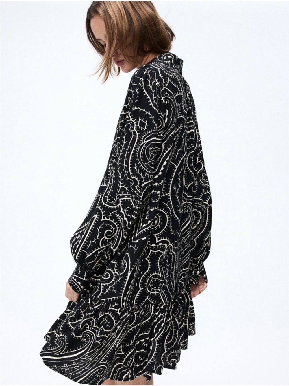 H&M Black & Cream Paisley Button-Front Oversized Shirt Dress XL